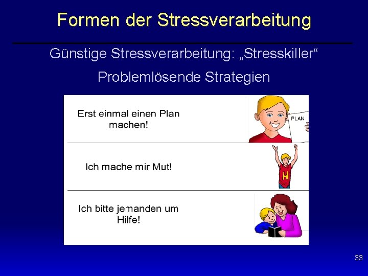 Formen der Stressverarbeitung Günstige Stressverarbeitung: „Stresskiller“ Problemlösende Strategien 33 
