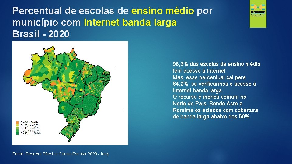 Percentual de escolas de ensino médio por município com Internet banda larga Brasil -