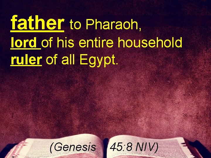father to Pharaoh, lord of his entire household ruler of all Egypt. (Genesis 45: