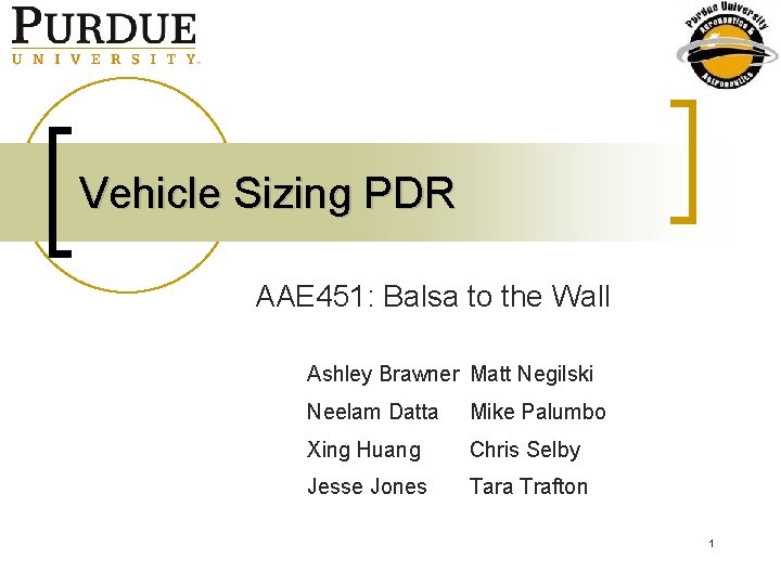 Vehicle Sizing PDR AAE 451: Balsa to the Wall Ashley Brawner Matt Negilski Neelam