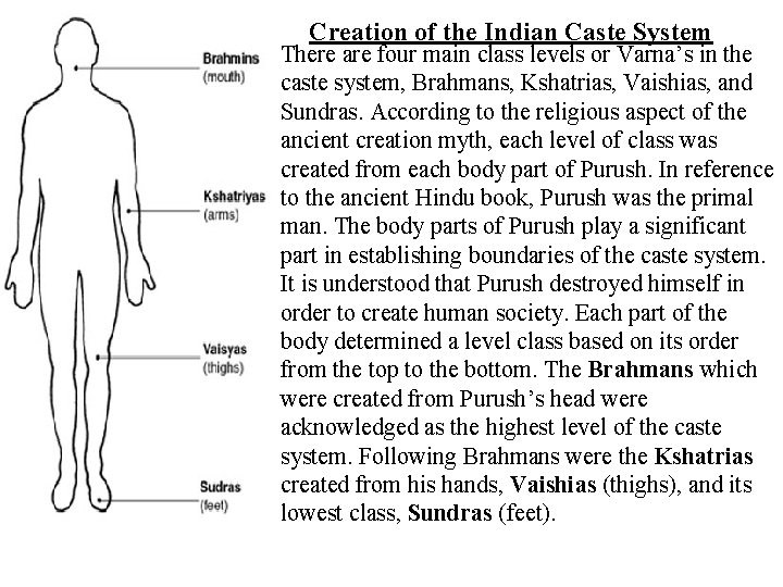 Creation of the Indian Caste System There are four main class levels or Varna’s