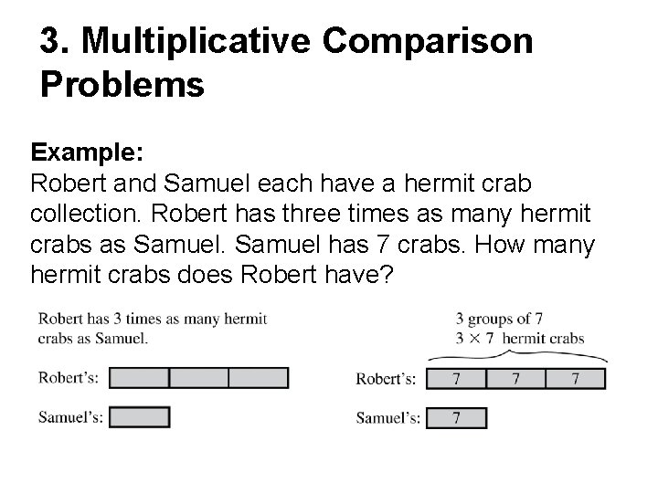 3. Multiplicative Comparison Problems Example: Robert and Samuel each have a hermit crab collection.