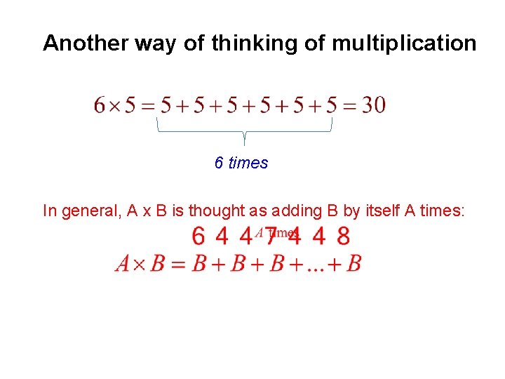 Another way of thinking of multiplication 6 times In general, A x B is