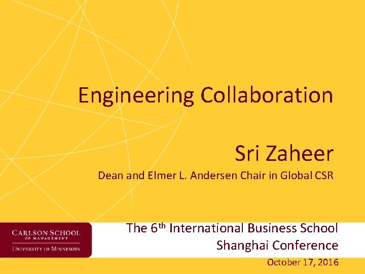 Engineering Collaboration Sri Zaheer Dean and Elmer L. Andersen Chair in Global CSR The