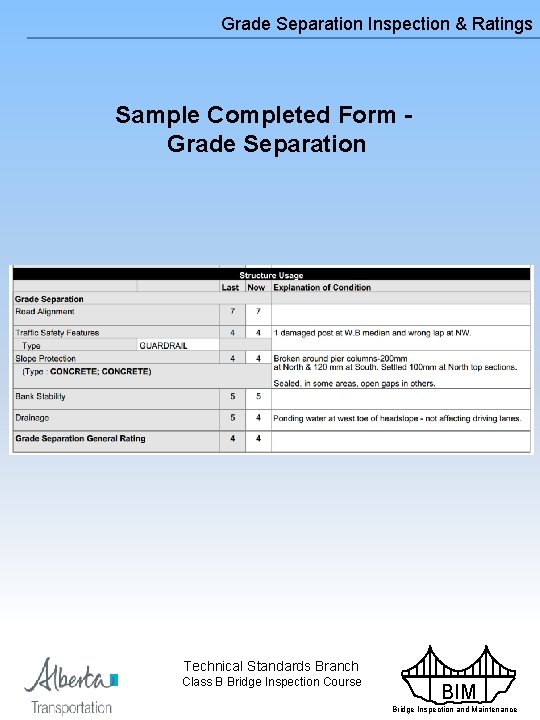 Grade Separation Inspection & Ratings Sample Completed Form Grade Separation Technical Standards Branch Class