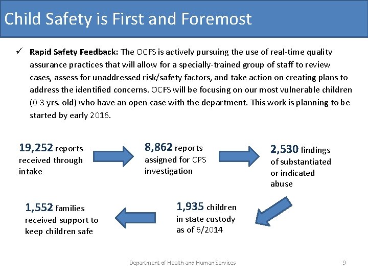 Child Safety is First and Foremost Rapid Safety Feedback: The OCFS is actively pursuing