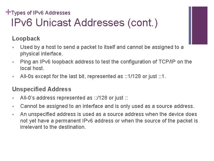 +Types of IPv 6 Addresses IPv 6 Unicast Addresses (cont. ) Loopback § Used