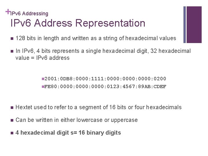+IPv 6 Addressing IPv 6 Address Representation n 128 bits in length and written