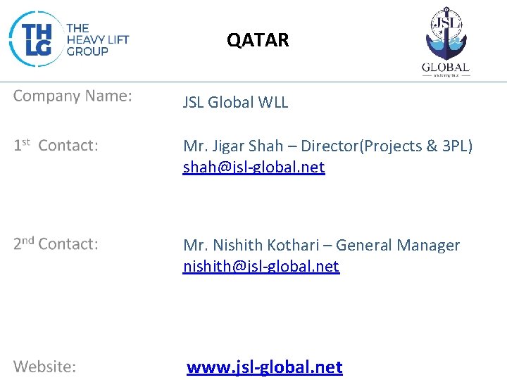 QATAR JSL Global WLL Mr. Jigar Shah – Director(Projects & 3 PL) shah@jsl-global. net