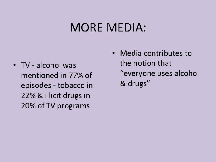 MORE MEDIA: • TV - alcohol was mentioned in 77% of episodes - tobacco