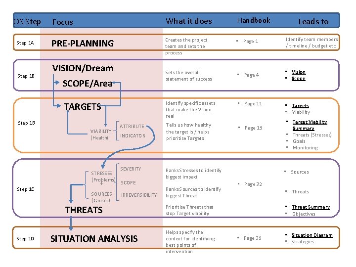 OS Step 1 A Step 1 B Focus What it does Handbook PRE-PLANNING Creates