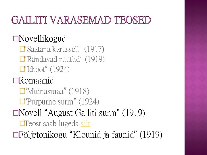 GAILITI VARASEMAD TEOSED �Novellikogud �“Saatana karussell” (1917) �“Rändavad rüütlid” (1919) �“Idioot” (1924) �Romaanid �“Muinasmaa”