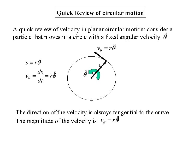 Quick Review of circular motion A quick review of velocity in planar circular motion: