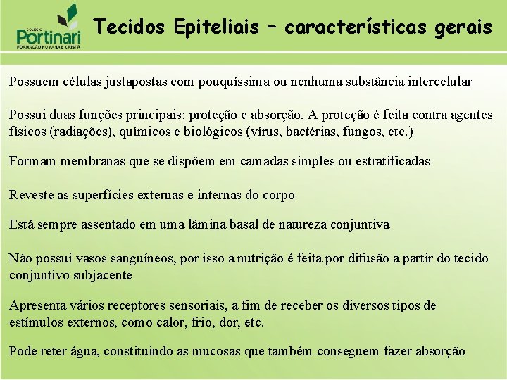 Tecidos Epiteliais – características gerais Possuem células justapostas com pouquíssima ou nenhuma substância intercelular