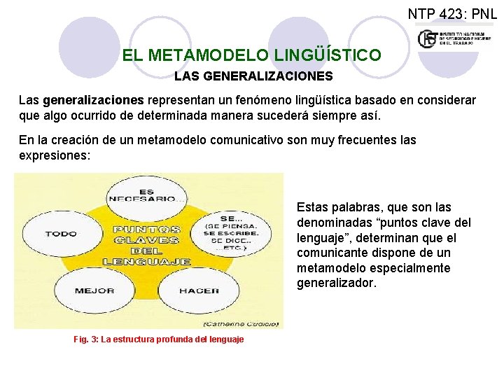 NTP 423: PNL EL METAMODELO LINGÜÍSTICO LAS GENERALIZACIONES Las generalizaciones representan un fenómeno lingüística