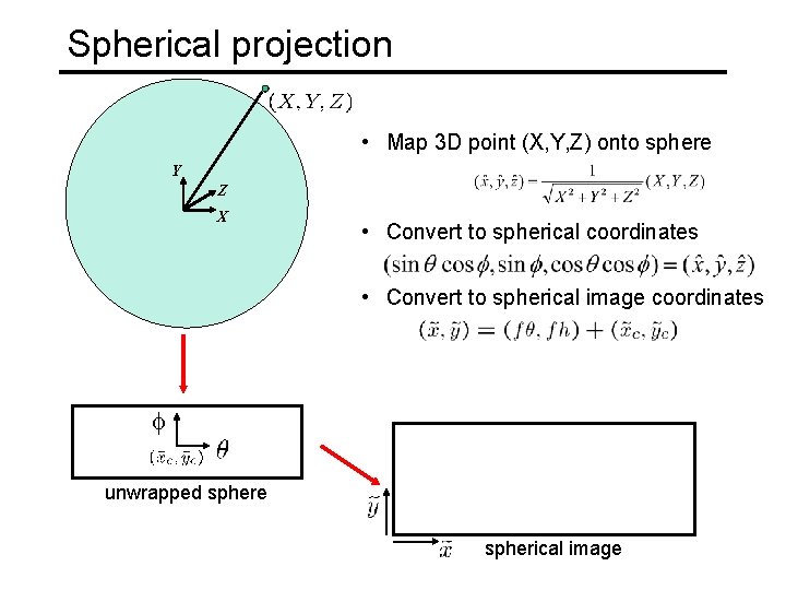 Spherical projection • Map 3 D point (X, Y, Z) onto sphere Y Z