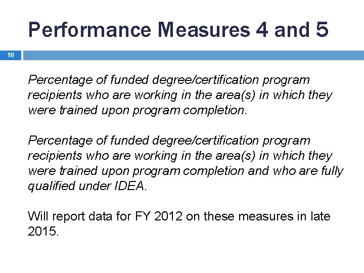 Performance Measures 4 and 5 10 Percentage of funded degree/certification program recipients who are