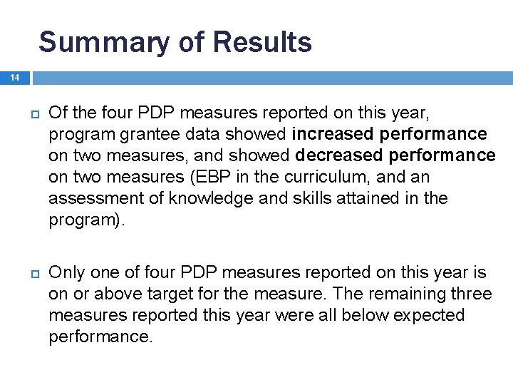 Summary of Results 14 Of the four PDP measures reported on this year, program
