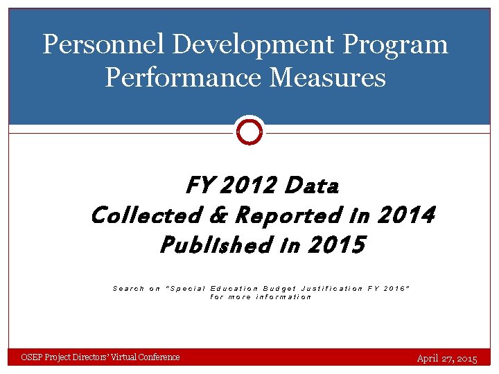 Personnel Development Program Performance Measures FY 2012 Data Collected & Reported in 2014 Published