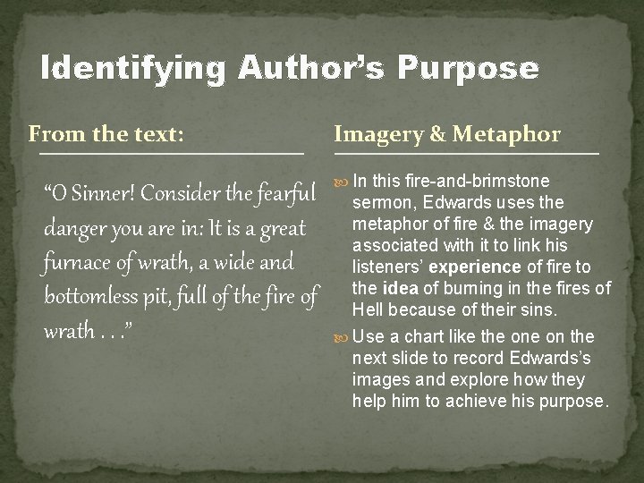 Identifying Author’s Purpose From the text: “O Sinner! Consider the fearful danger you are