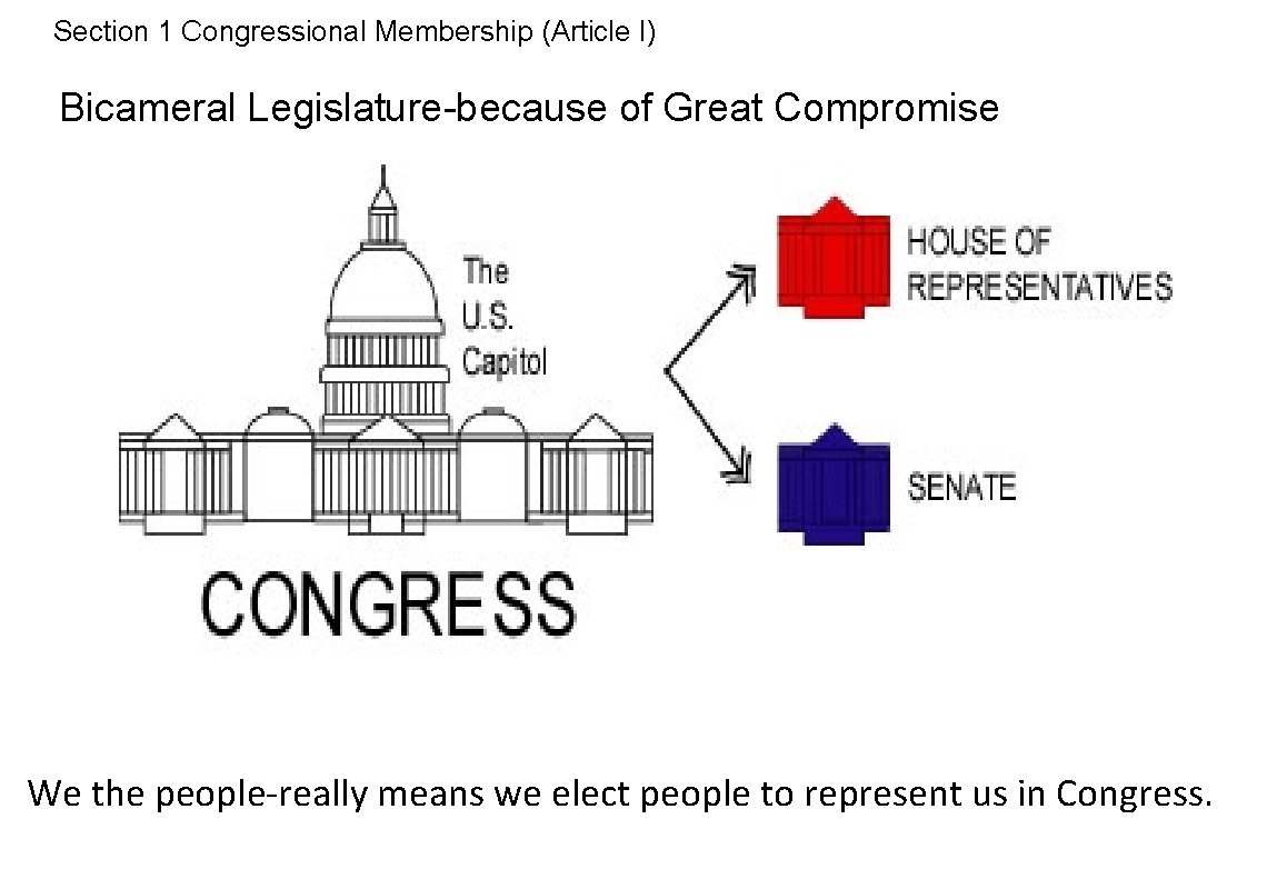 Section 1 Congressional Membership (Article I) Bicameral Legislature-because of Great Compromise We the people-really