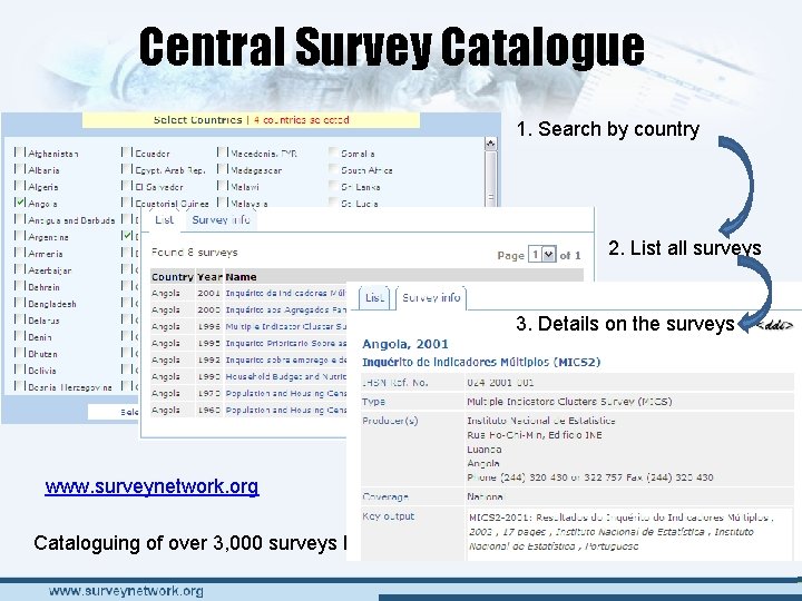 Central Survey Catalogue 1. Search by country 2. List all surveys 3. Details on Central Survey Catalogue 1. Search by country 2. List all surveys 3. Details on