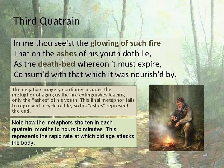 Third Quatrain In me thou see'st the glowing of such fire That on the