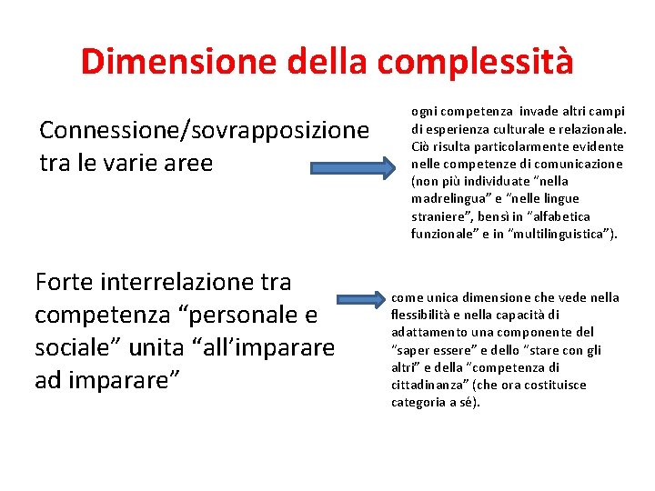 Dimensione della complessità Connessione/sovrapposizione tra le varie aree Forte interrelazione tra competenza “personale e