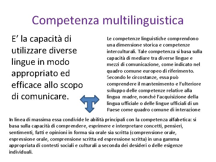 Competenza multilinguistica E’ la capacità di utilizzare diverse lingue in modo appropriato ed efficace