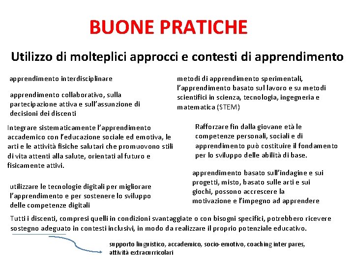 BUONE PRATICHE Utilizzo di molteplici approcci e contesti di apprendimento interdisciplinare apprendimento collaborativo, sulla