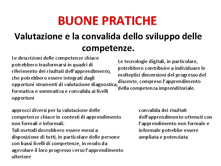 BUONE PRATICHE Valutazione e la convalida dello sviluppo delle competenze. Le descrizioni delle competenze