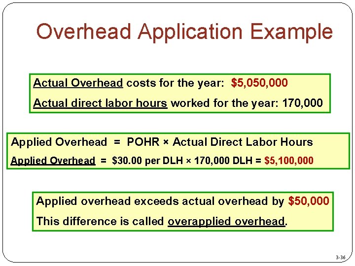 Overhead Application Example Actual Overhead costs for the year: $5, 050, 000 Actual direct