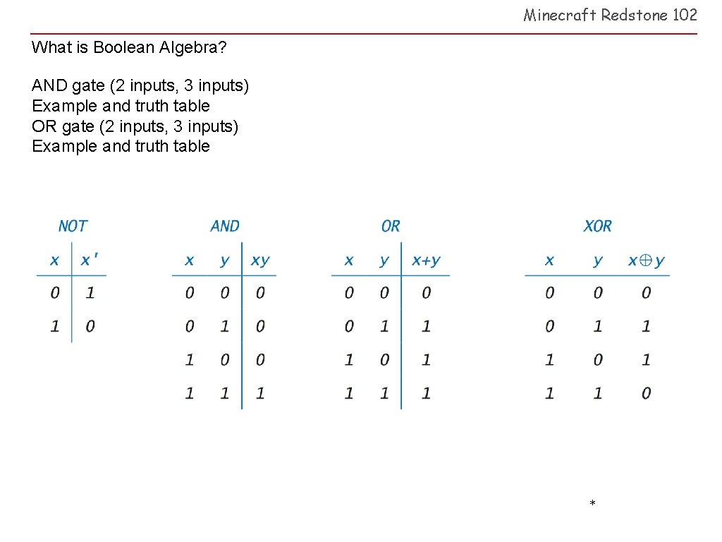 Minecraft Redstone 102 What is Boolean Algebra? AND gate (2 inputs, 3 inputs) Example