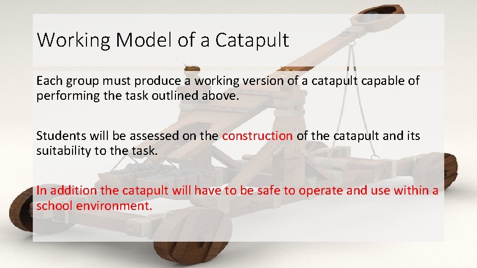 Working Model of a Catapult Each group must produce a working version of a