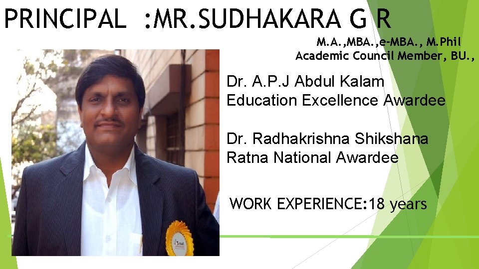PRINCIPAL : MR. SUDHAKARA G R M. A. , MBA. , e-MBA. , M. PRINCIPAL : MR. SUDHAKARA G R M. A. , MBA. , e-MBA. , M.