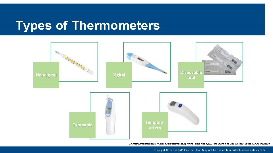 Types of Thermometers Nondigital Disposable oral Digital Tympanic Temporal artery catshila/Shutterstock. com; AGorohov/Shutterstock. com;