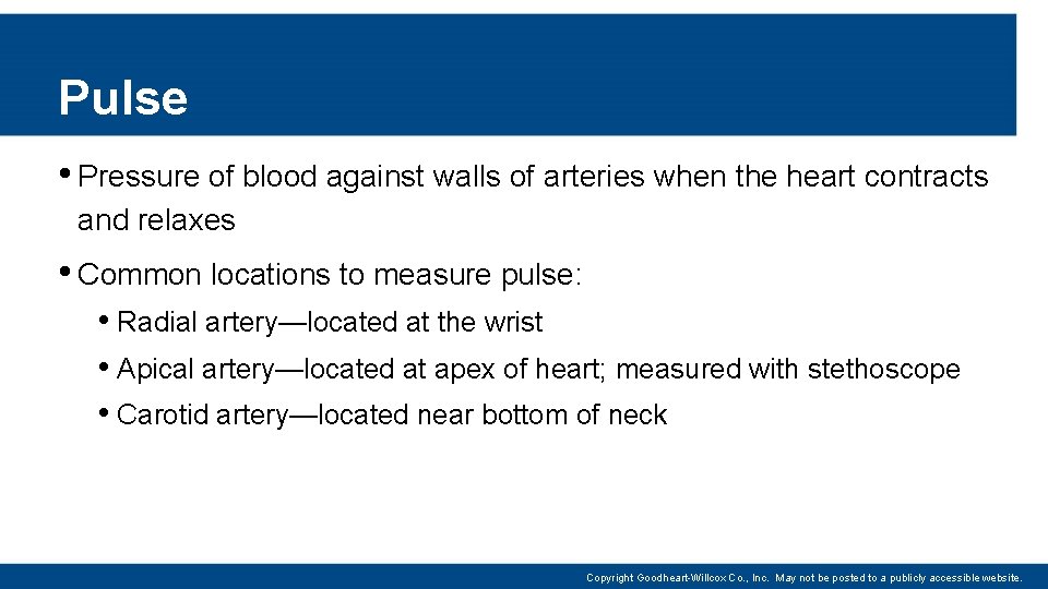 Pulse • Pressure of blood against walls of arteries when the heart contracts and