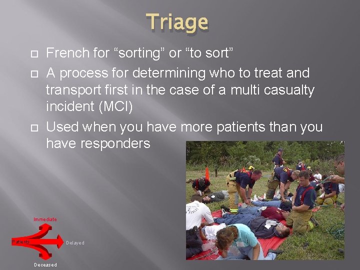 Triage French for “sorting” or “to sort” A process for determining who to treat