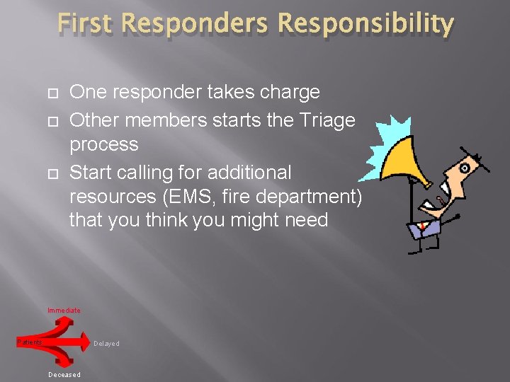 First Responders Responsibility One responder takes charge Other members starts the Triage process Start