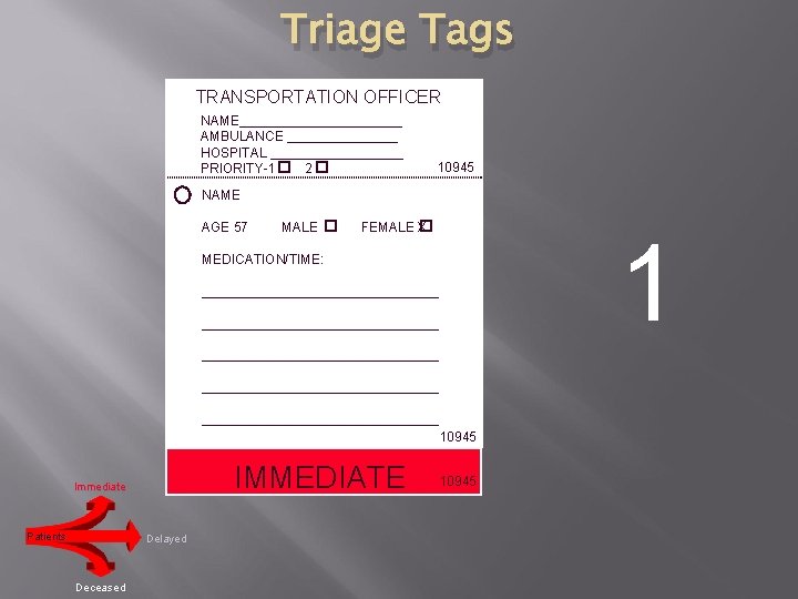 Triage Tags TRANSPORTATION OFFICER NAME___________ AMBULANCE ________ HOSPITAL _________ PRIORITY-1 2 10945 NAME AGE