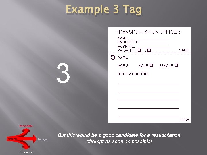 Example 3 Tag TRANSPORTATION OFFICER NAME___________ AMBULANCE ________ HOSPITAL _________ PRIORITY-1 2 3 10945