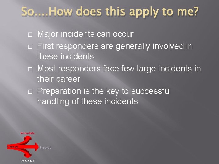 So. . How does this apply to me? Major incidents can occur First responders