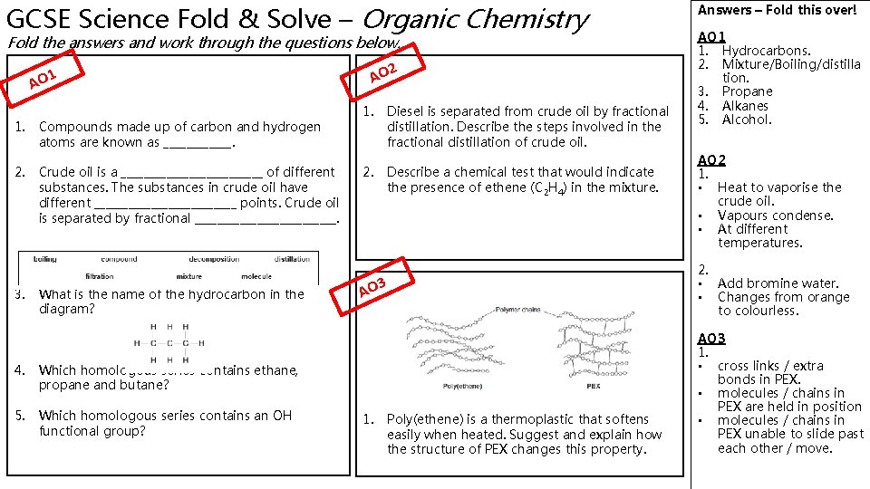 GCSE Science Fold & Solve – Organic Chemistry Fold the answers and work through