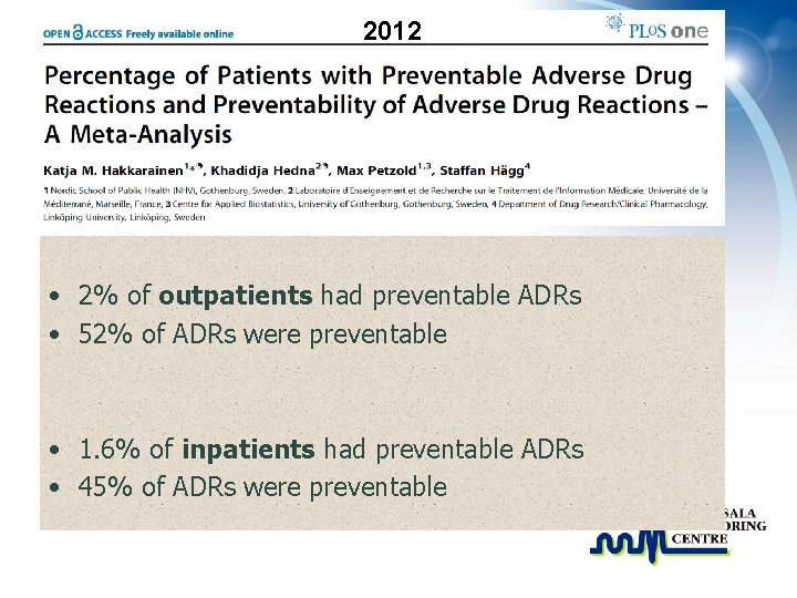 2012 • 2% of outpatients had preventable ADRs • 52% of ADRs were preventable