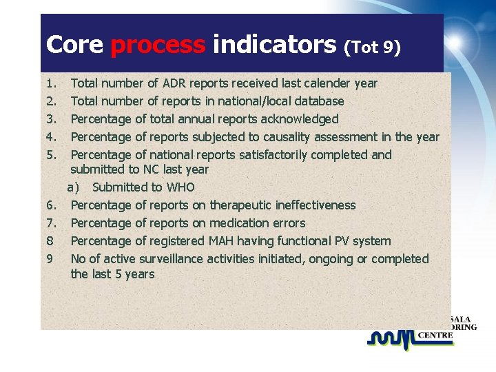 Core process indicators (Tot 9) 1. 2. 3. 4. 5. Total number of ADR