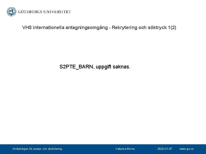 VHS internationella antagningsomgång - Rekrytering och söktryck 1(2) S 2 PTE_BARN, uppgift saknas. Avdelningen