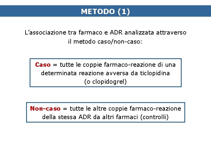 METODO (1) L’associazione tra farmaco e ADR analizzata attraverso il metodo caso/non-caso: Caso =