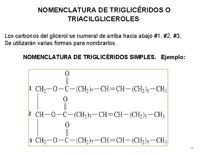 NOMENCLATURA DE TRIGLICÉRIDOS O TRIACILGLICEROLES Los carbonos del glicerol se numeral de arriba hacia