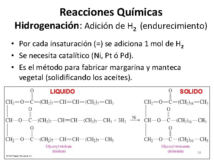 Reacciones Químicas Hidrogenación: Adición de H 2 (endurecimiento) • Por cada insaturación (=) se