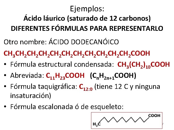 Ejemplos: Ácido láurico (saturado de 12 carbonos) DIFERENTES FÓRMULAS PARA REPRESENTARLO Otro nombre: ÁCIDO